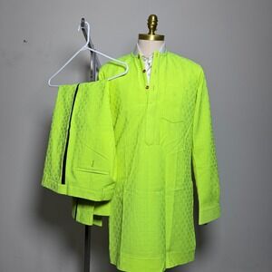 BESPOKE Men's Neon Lime Textured Mandarin Collar Shirt & Pants L 42R 34W